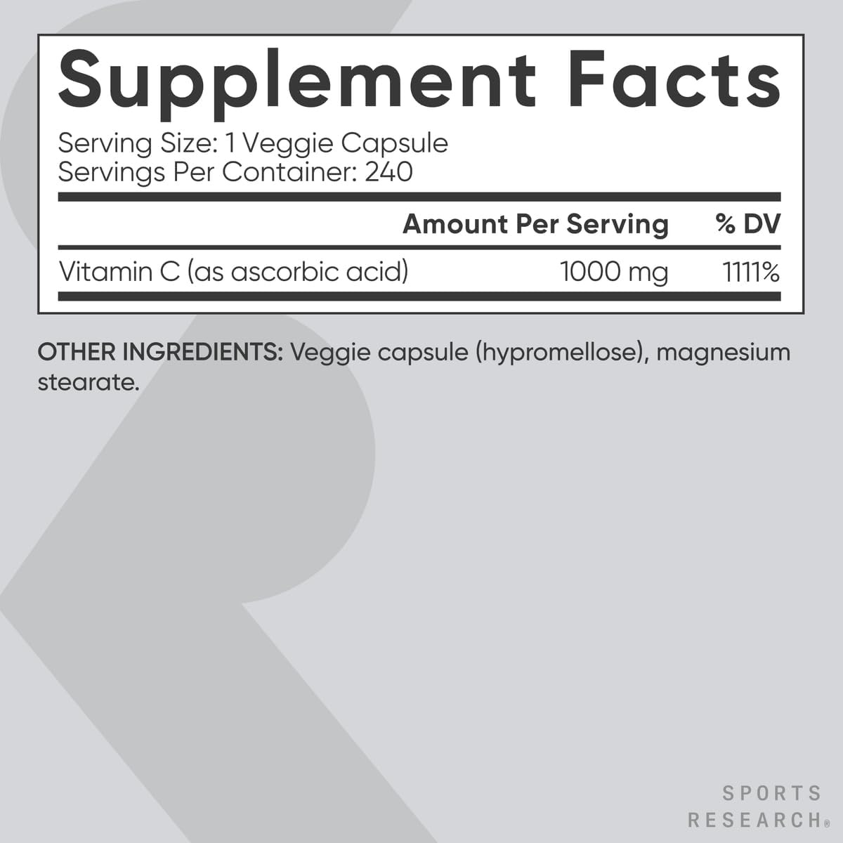 image:imageSports Research High Potency Vitamin C 1000mg 240 Count Veggie CapsulesNonGMO Capsules