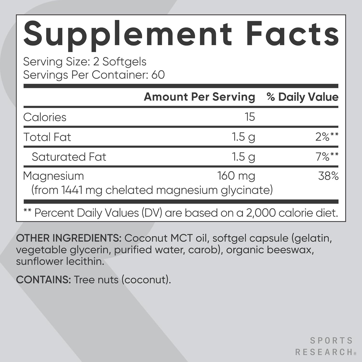 image:imageSports Research Magnesium Glycinate 160mg wCoconut MCT Oil 60 Softgels120 Count Pack of 1