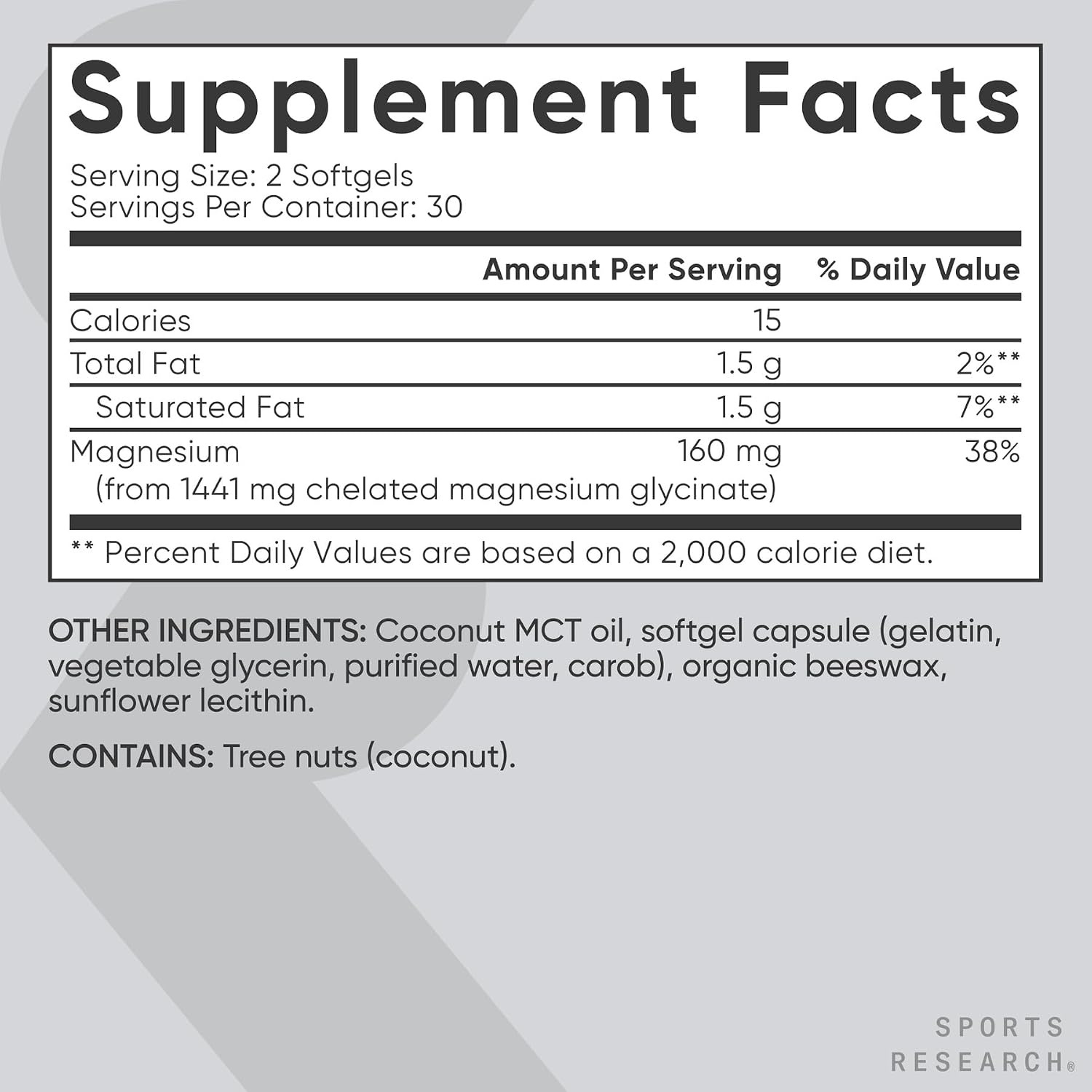 image:imageSports Research Magnesium Glycinate 160mg wCoconut MCT Oil 60 Softgels60 Count Pack of 1