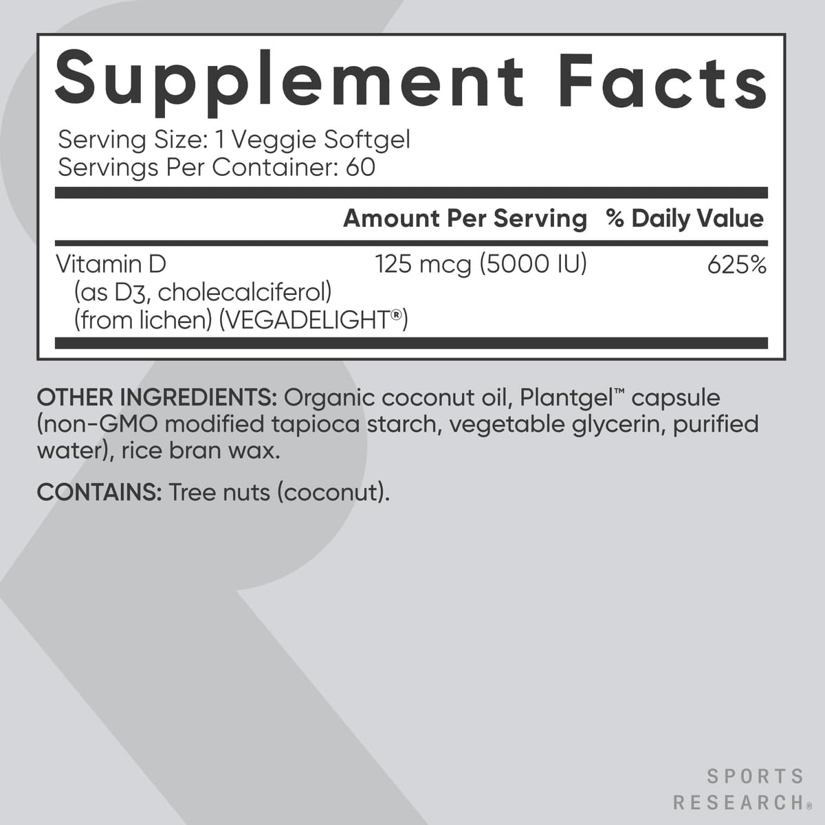 image:imageSports Research Vegan D3 5000iu125mcg with Coconut Oil 60 Plantgels