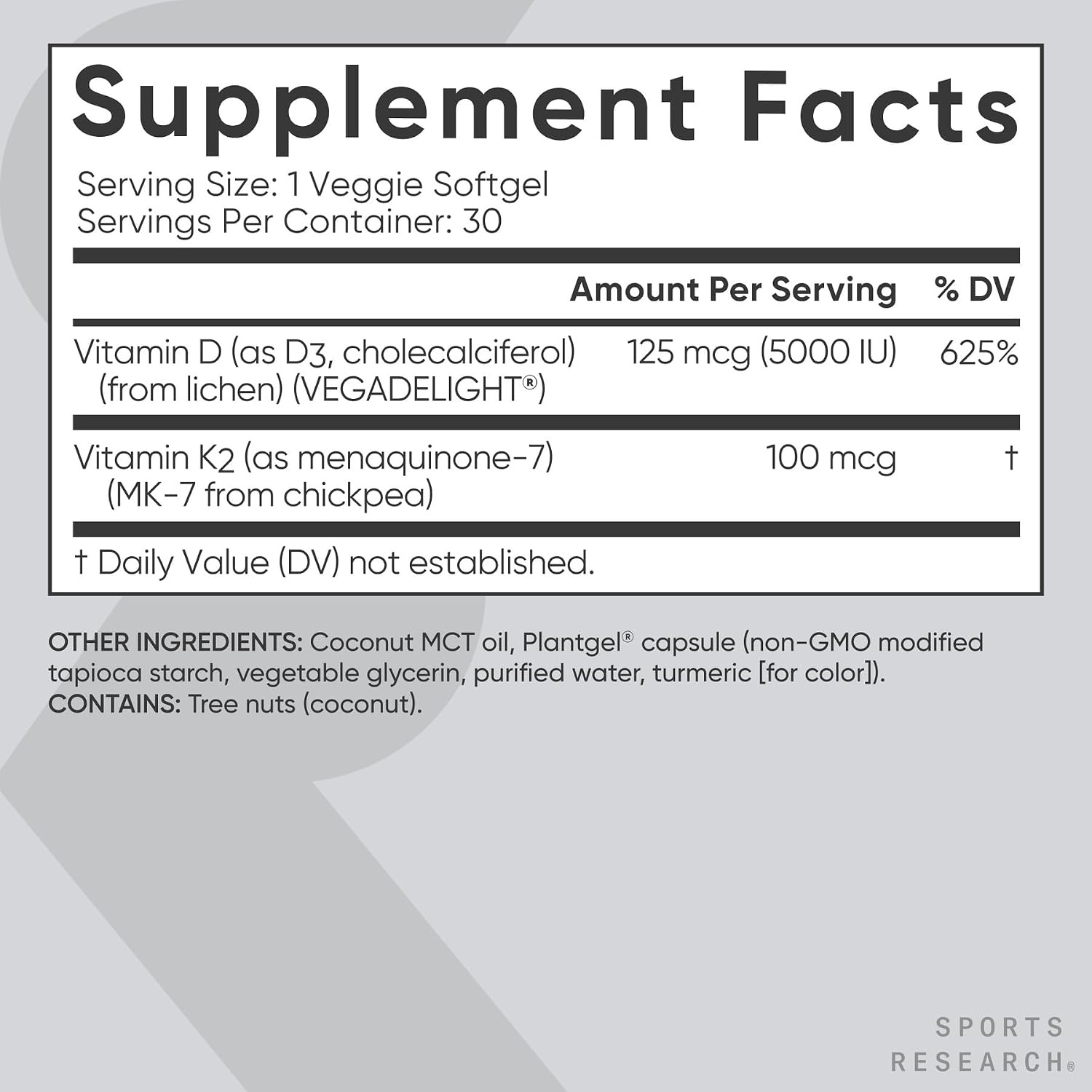 image:imageSports Research Vegan Vitamin D3 K2 wCoconut Oil 30 Count Plantgels30 Count Pack of 1