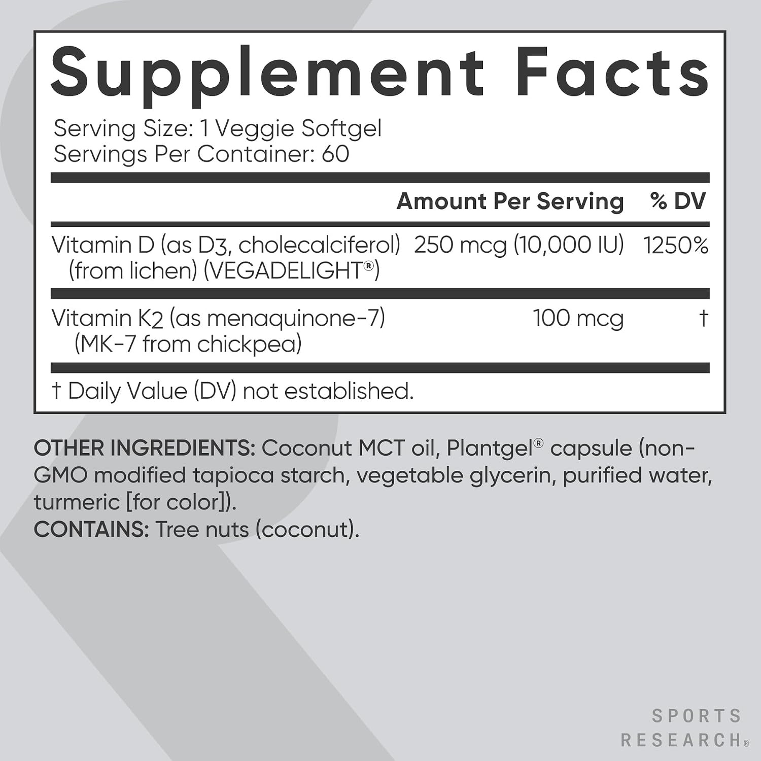 image:imageSports Research Vegan Vitamin D3 K2 wCoconut Oil 60 Count Plantgels