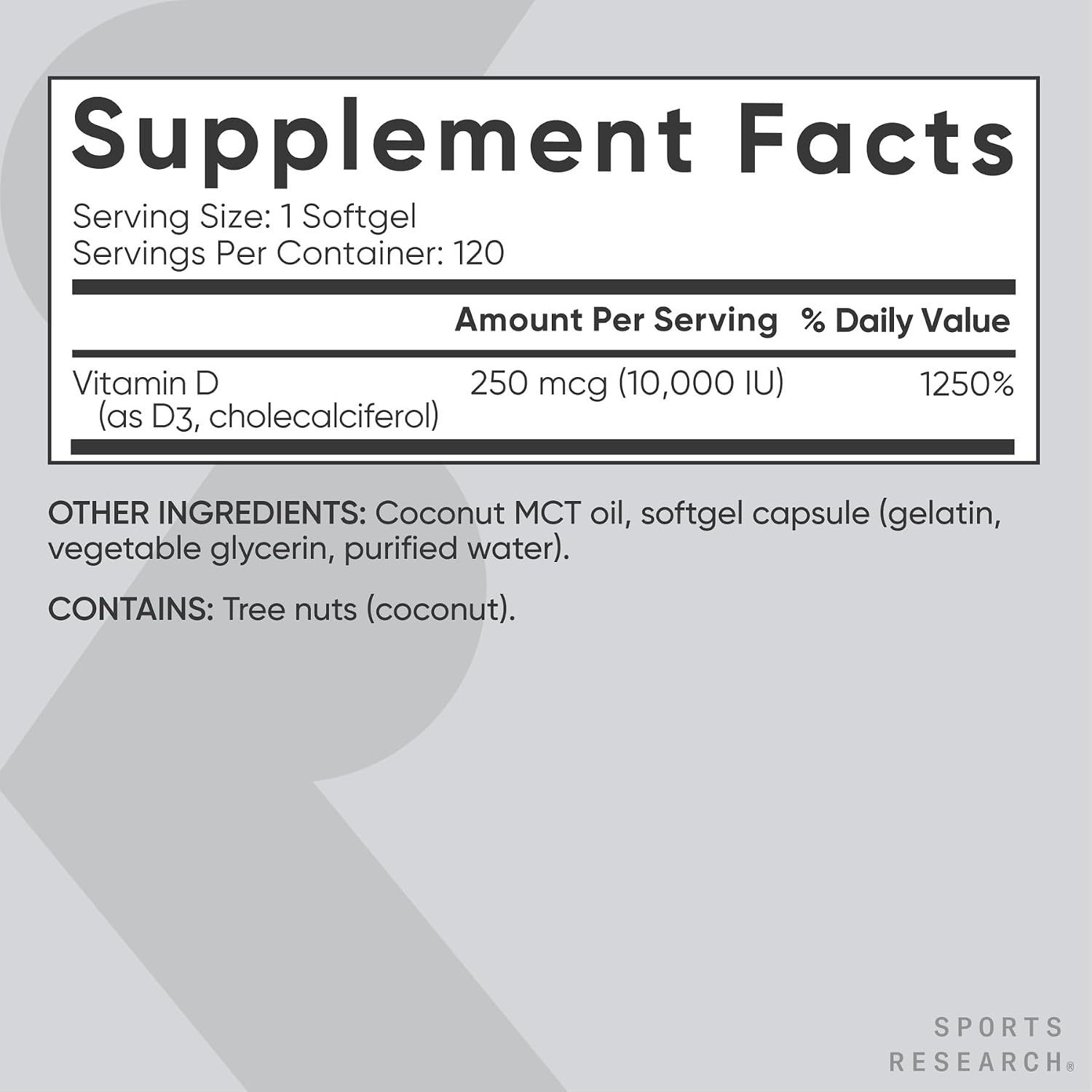 image:imageSports Research Vitamin D3 10000iu250mcg with Coconut Oil 120 Softgels120 Count Pack of 1