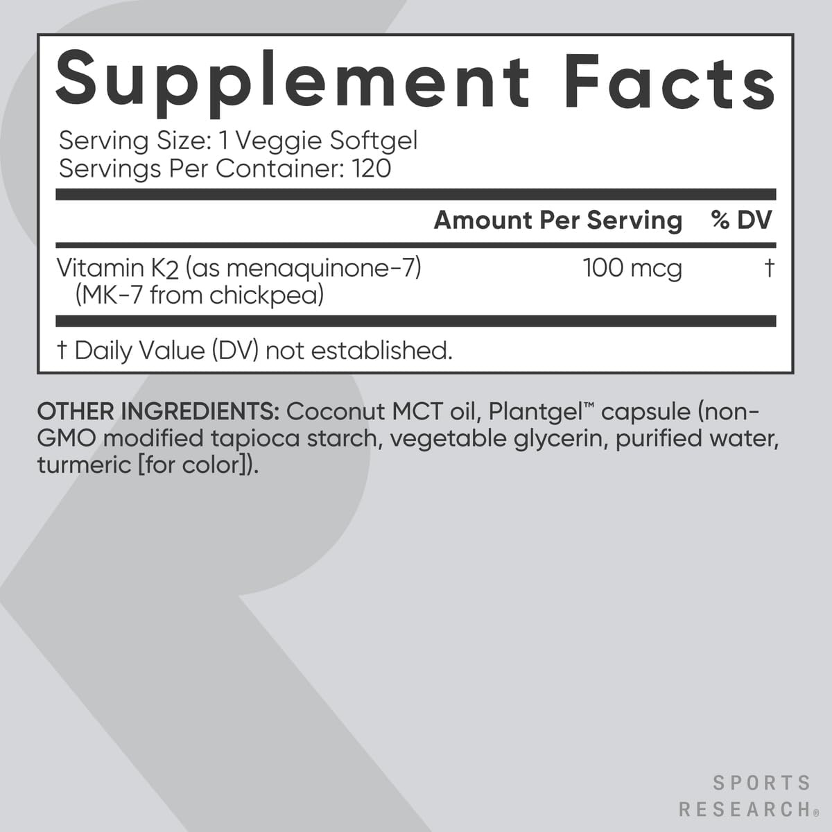 image:imageSports Research Vitamin K2 as MK7 100mcg 60 Count Plantgels120 Count Pack of 1
