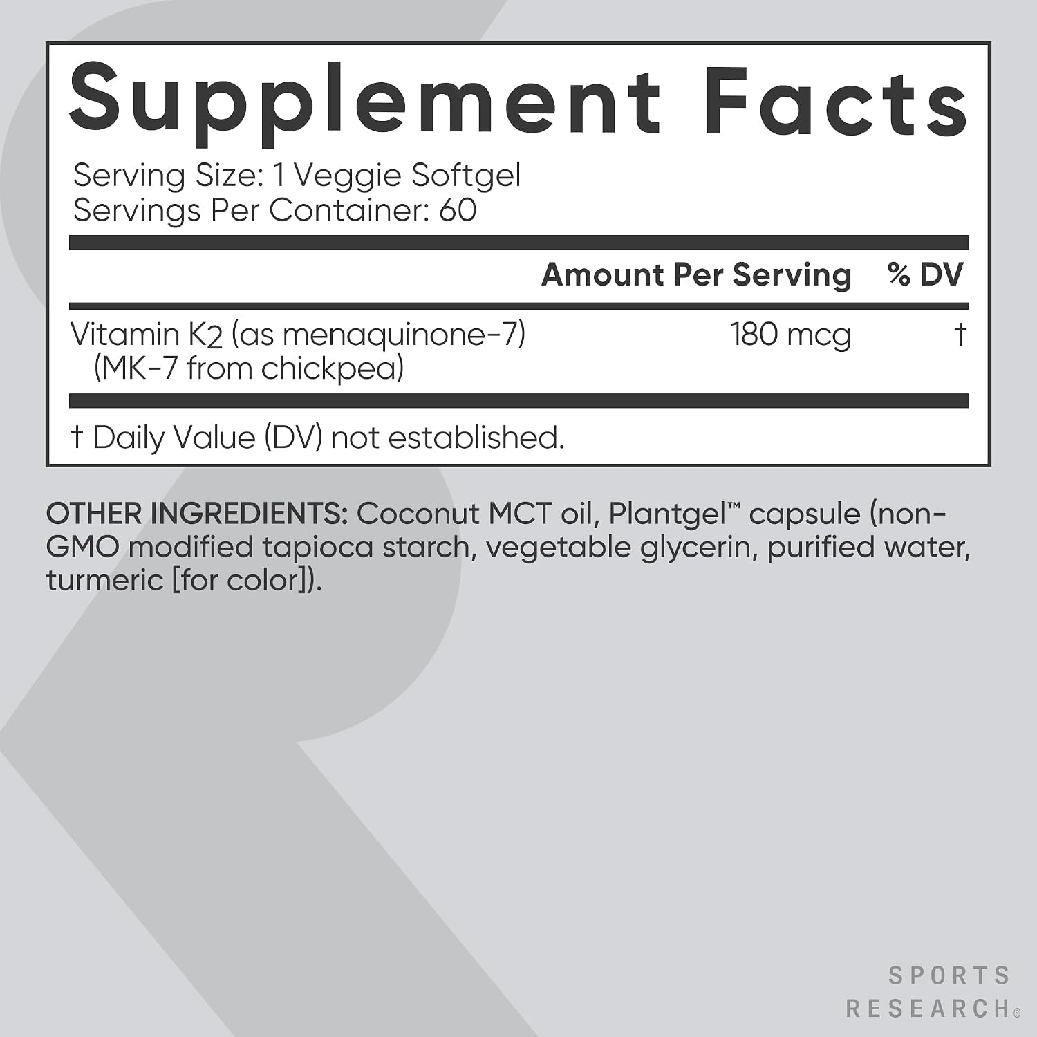 image:imageSports Research Vitamin K2 as MK7 100mcg 60 Count Plantgels60 Count Pack of 1