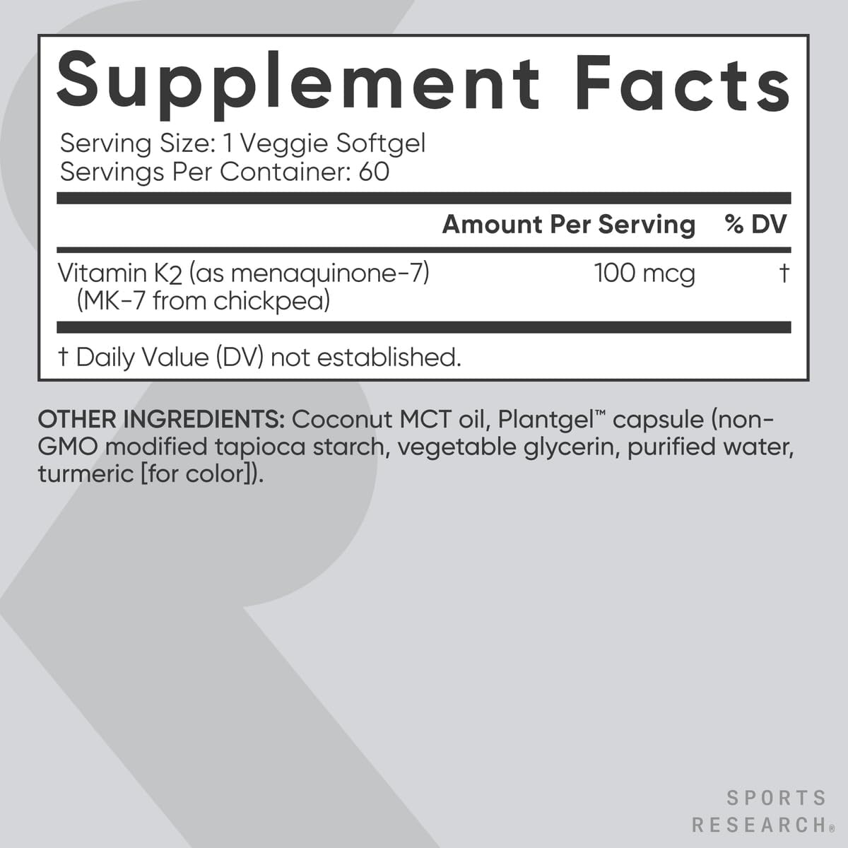 image:imageSports Research Vitamin K2 as MK7 100mcg 60 Count Plantgels60 Count Pack of 12