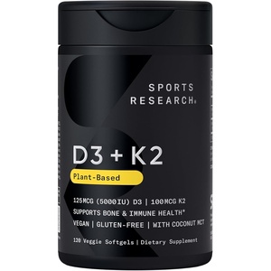 Sports Research® Vegan Vitamin D3 + K2 w/Coconut Oil, 30 Count Plantgels™(120 Count (Pack of 1))