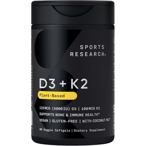 Sports Research® Vegan Vitamin D3 + K2 w/Coconut Oil, 30 Count Plantgels™(60 Count (Pack of 1))