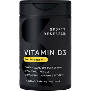 Sports Research® Vitamin D3 10,000iu/250mcg with Coconut Oil, 120 Softgels(120 Count (Pack of 1))